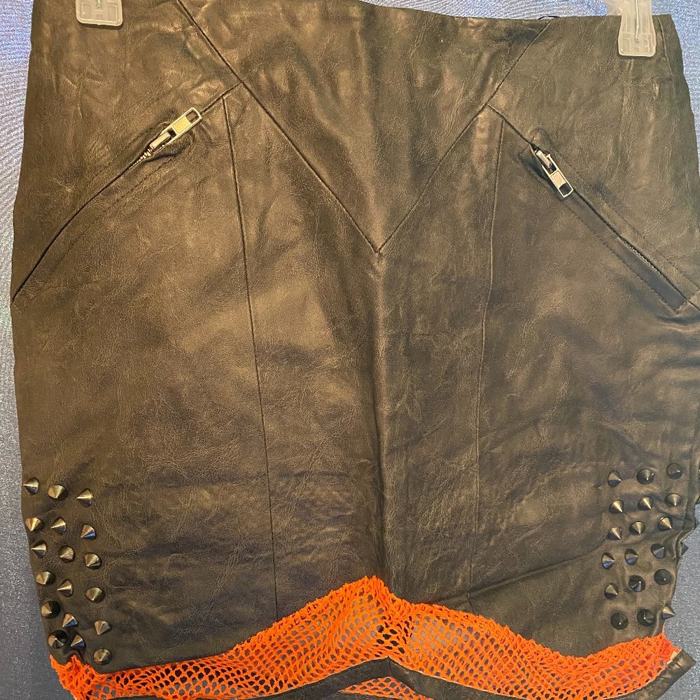 English Rose Spiked Studded Orange Mesh Hem Grey Faux Leather Mini Skirt